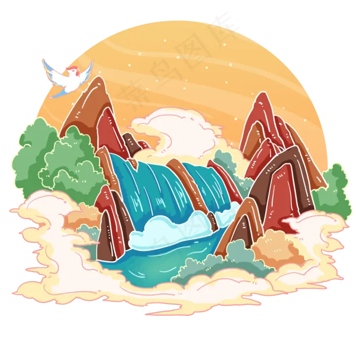 古风黄果树瀑布山水,免抠元素(2000*2000px 300 dpi )psd模版下载