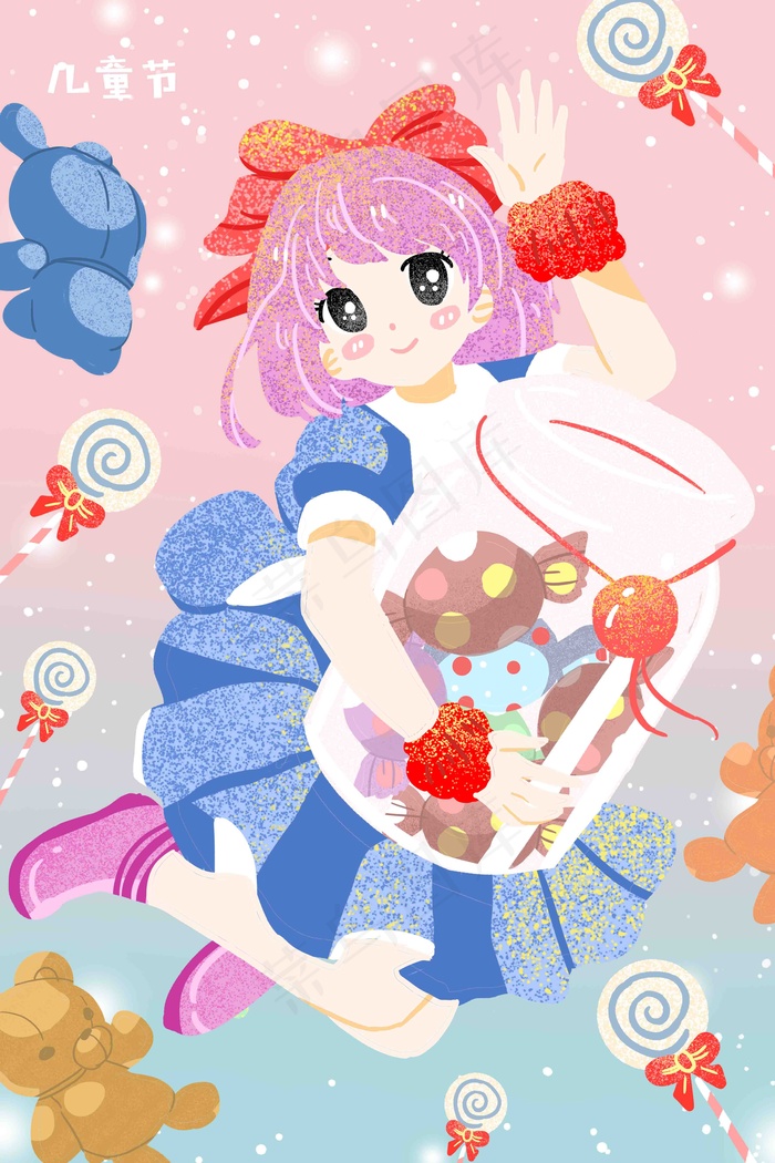 六一儿童节儿童童真幻想飞翔糖果手绘插画