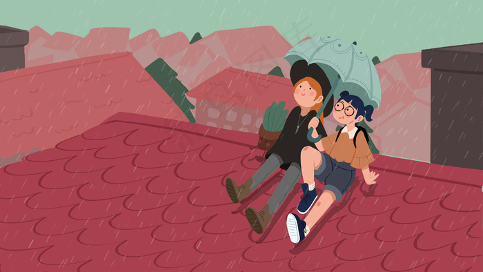 下雨屋顶坐两女孩(2880X1620(DPI:300))psd模版下载