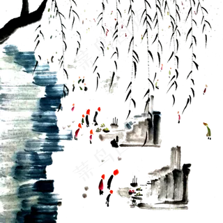 扫墓清明节气国画水墨PNG,免抠元素