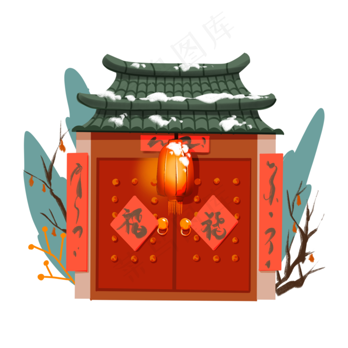 春节装饰四合院民宅红色大门,免抠元素