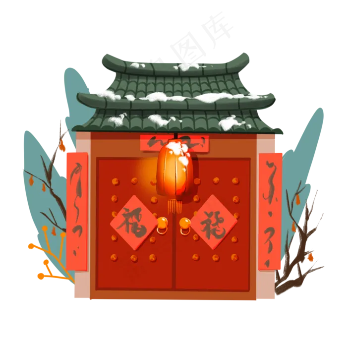 春节装饰四合院民宅红色大门,免抠元素