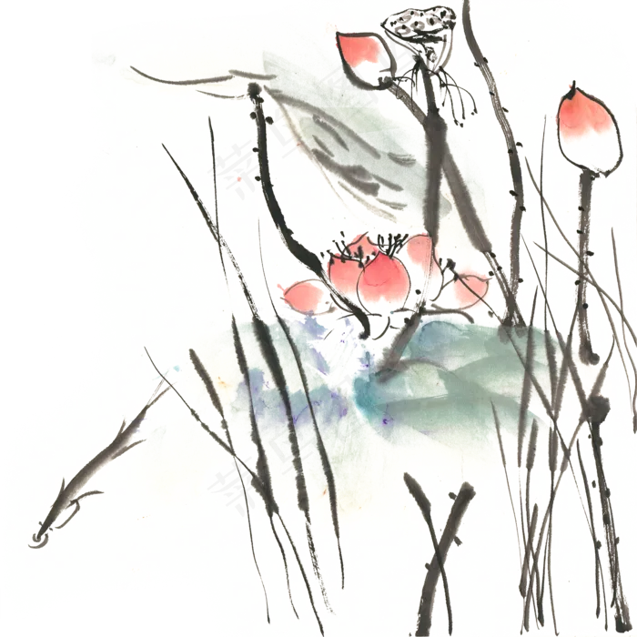 荷花与鱼水墨画PNG免抠素材(4724X4724(DPI:300))psd模版下载