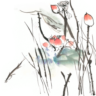 荷花与鱼水墨画PNG免抠素材