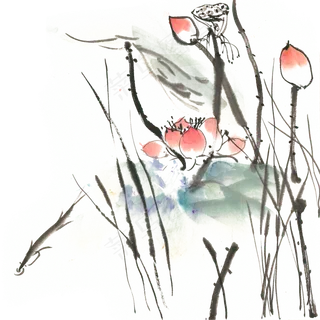 荷花与鱼水墨画PNG免抠素材 荷花与鱼水墨画PNG免抠素材