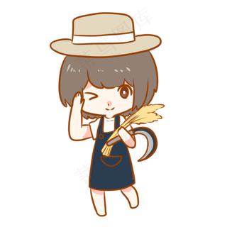 可爱收麦子的女孩