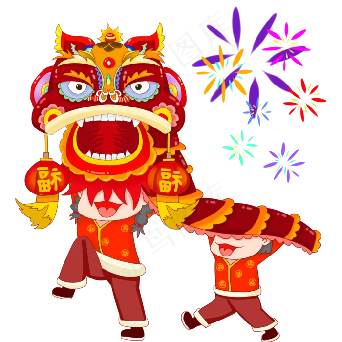 过年舞狮子放烟花祝您新年快乐,免抠元素(2000X2000(DPI:300))psd模版下载