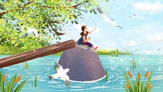 女孩喂飞鸟治愈系小清新温馨