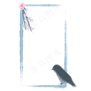 蓝色水墨风花鸟边框,免抠元素