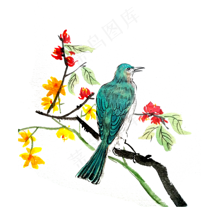 春天花鸟迎春桃花PNG国画水墨工笔,免抠元素