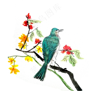 春天花鸟迎春桃花PNG国画水墨工笔,免抠元素