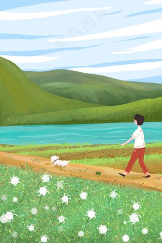 夏日少女与宠物一起出游