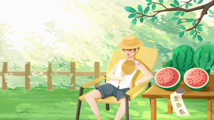 绿色节气小暑夏季夏天男孩卖西瓜(2880*1620px 300 dpi )psd模版下载