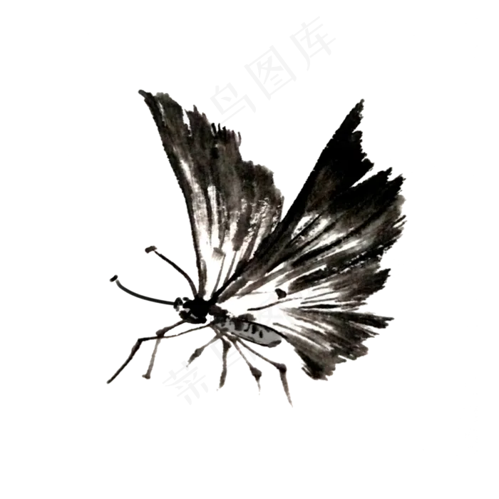 水墨蝴蝶国画黑白写意PNG,免抠元素(3000X3000(DPI:300))psd模版下载
