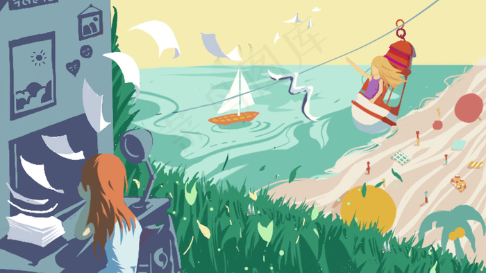 立夏室外海滩场景清新插图
