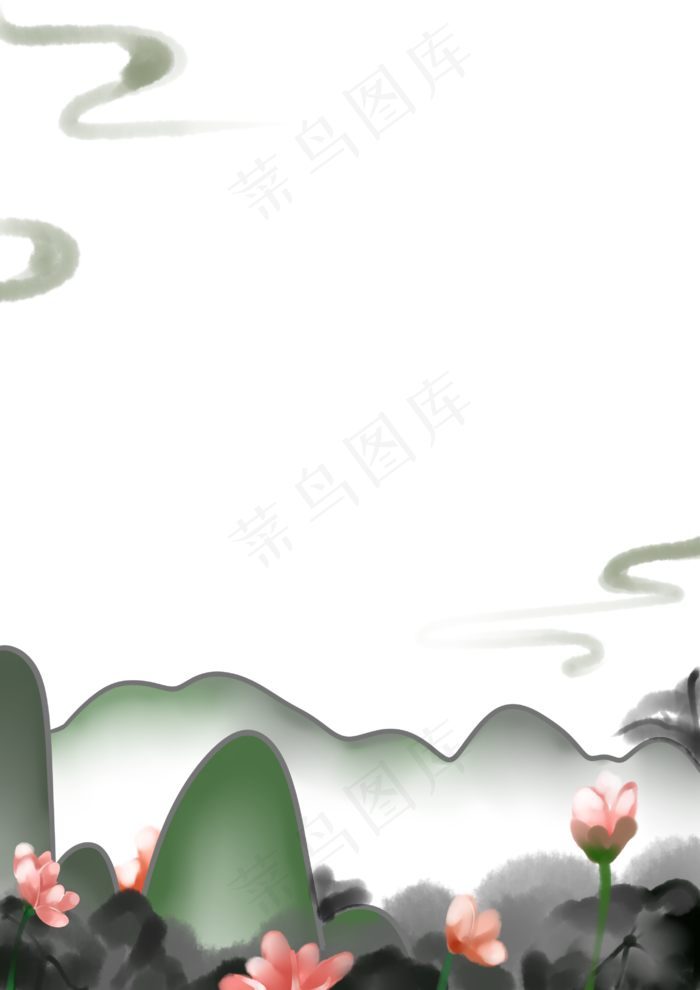 春夏古风泼墨荷花边框PNG素材