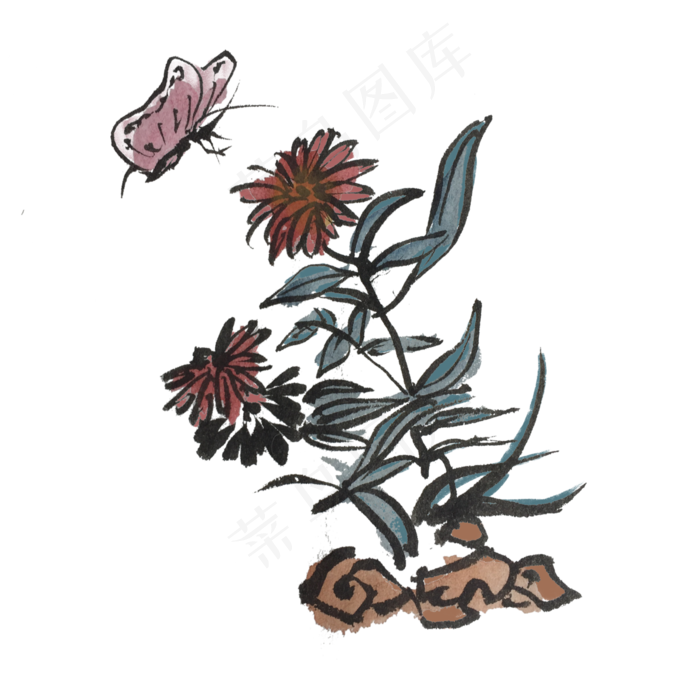 中国风水墨蝴蝶花朵手绘插画,免抠元素