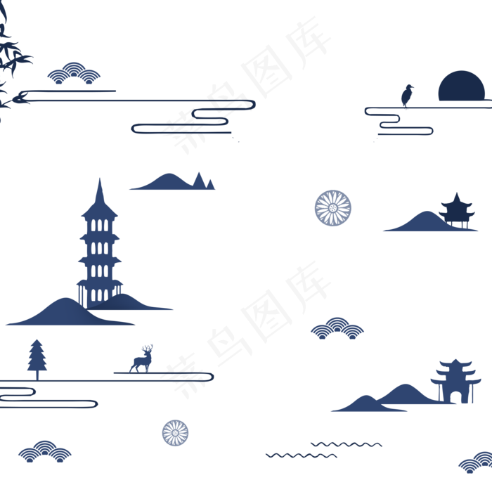 蓝色古风云建筑漂浮,免抠元素(2000*2000px 300 dpi )psd模版下载