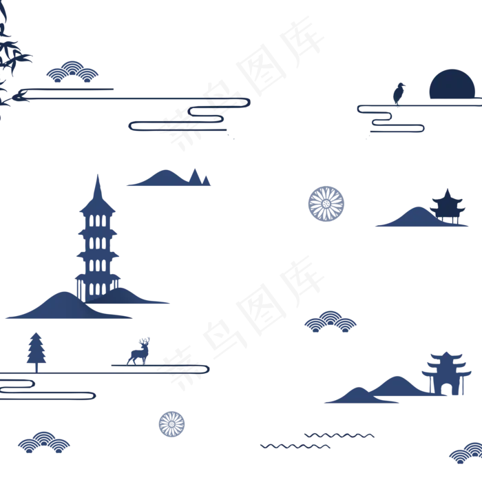 蓝色古风云建筑漂浮,免抠元素(2000*2000px 300 dpi )psd模版下载