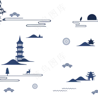 蓝色古风云建筑漂浮,免抠元素