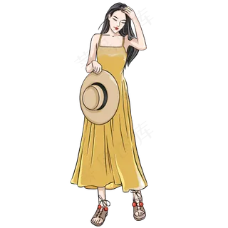 三八妇女节拿着草帽的黄裙子美女,免抠元素