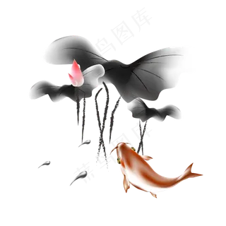 矢量水墨荷花鲤鱼蝌蚪