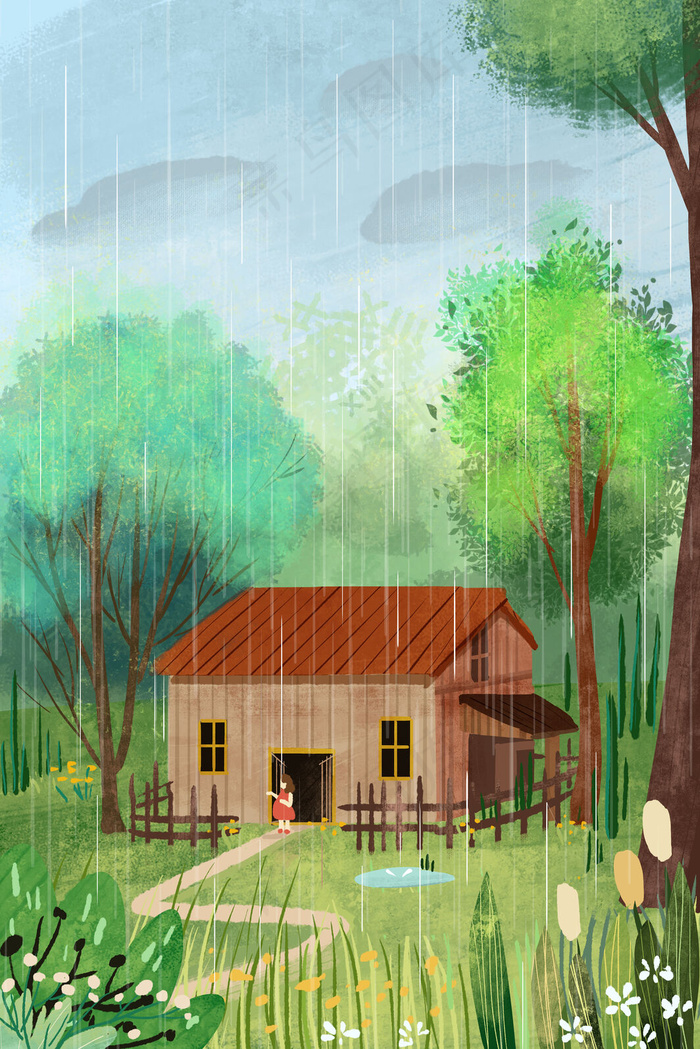 春天谷雨野外木屋风景竖图(3545X5315(DPI:300))psd模版下载