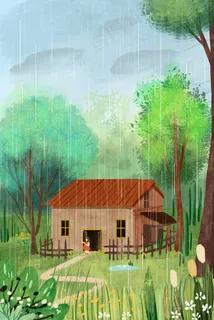 春天谷雨野外木屋风景竖图