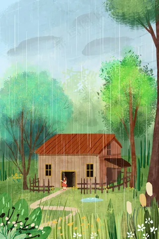 春天谷雨野外木屋风景竖图