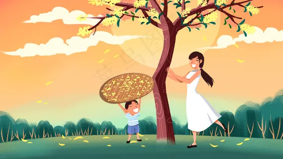 黄色系卡通手绘风中秋摇桂花配图