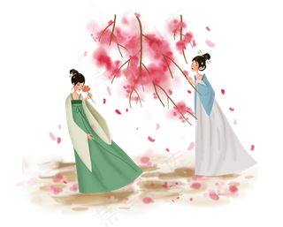 中国风古风桃树下的女孩,免抠元素
