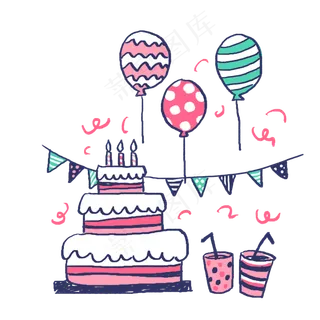 手绘粉色系生日蛋糕和气球PNG免抠