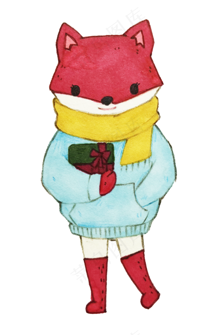 手绘水彩穿冬装抱礼盒的狐狸插画