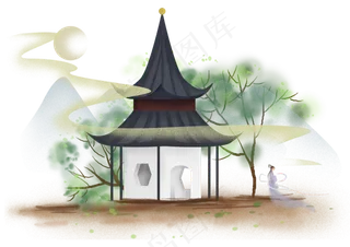 中国风夜色中的亭子和少女,免抠元素