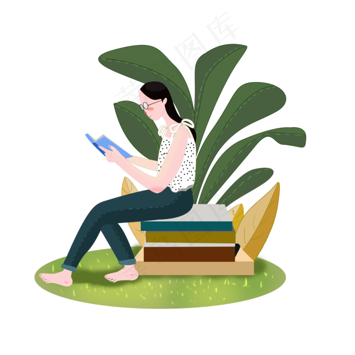 女孩读书叶子绿色插画风人物元素