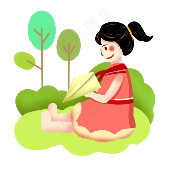 儿童节扁平风手绘折纸飞机的小女