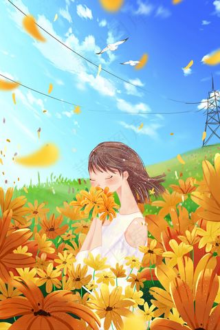 花节春天夏至唯美雏菊花与少女草地天空治愈