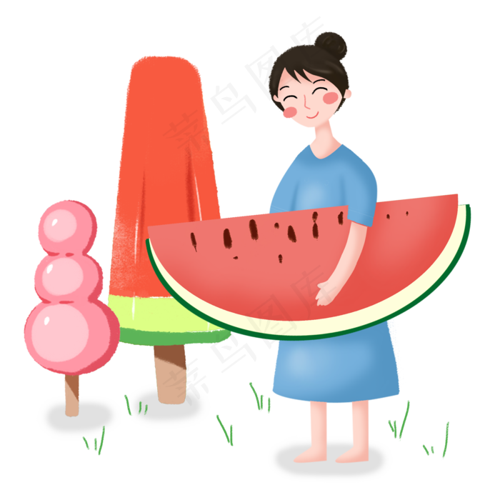 大暑抱着西瓜的女孩素材