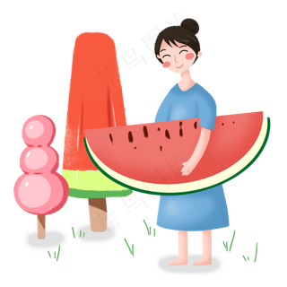 大暑抱着西瓜的女孩素材