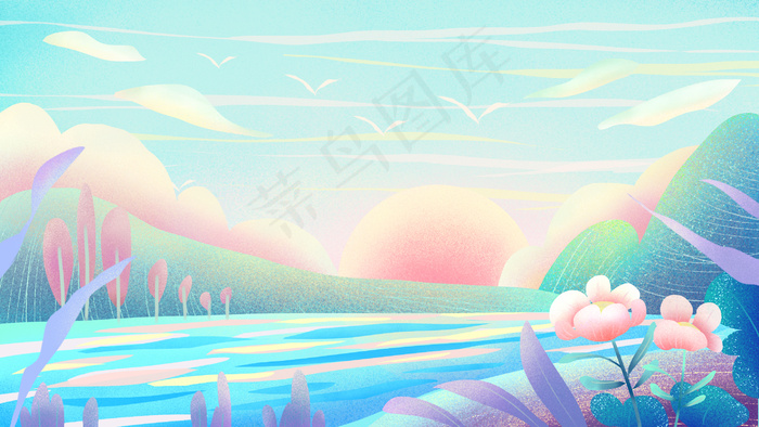 清新唯美山间日出插画