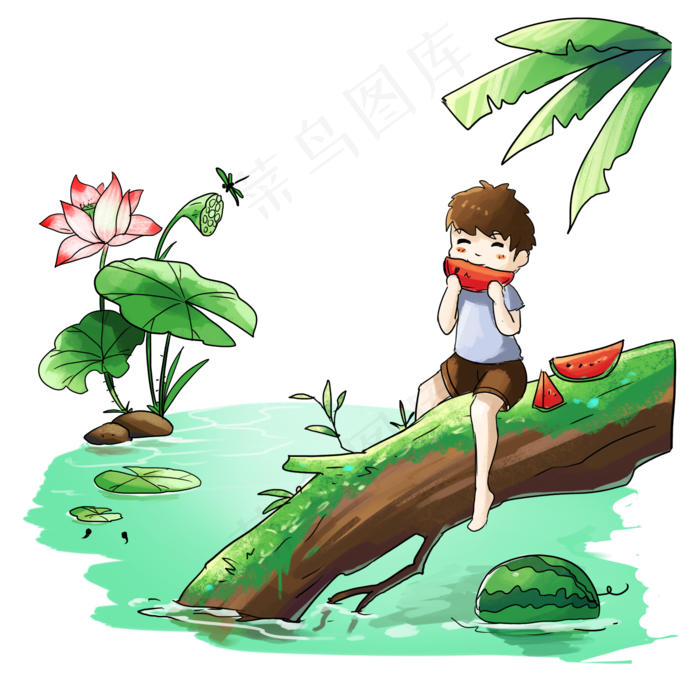 大暑绿色卡通元素吃西瓜