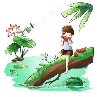 大暑绿色卡通元素吃西瓜