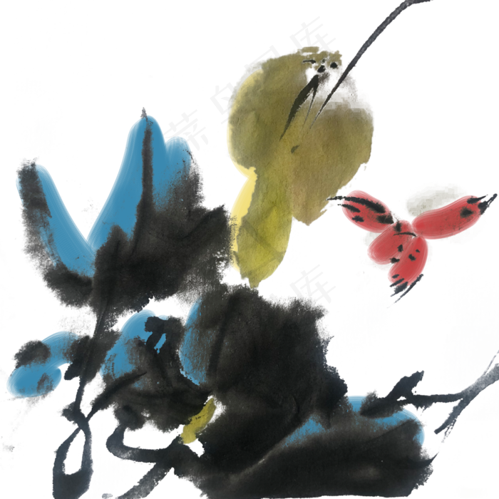 水墨葫芦花鸟手绘素材,免抠元素