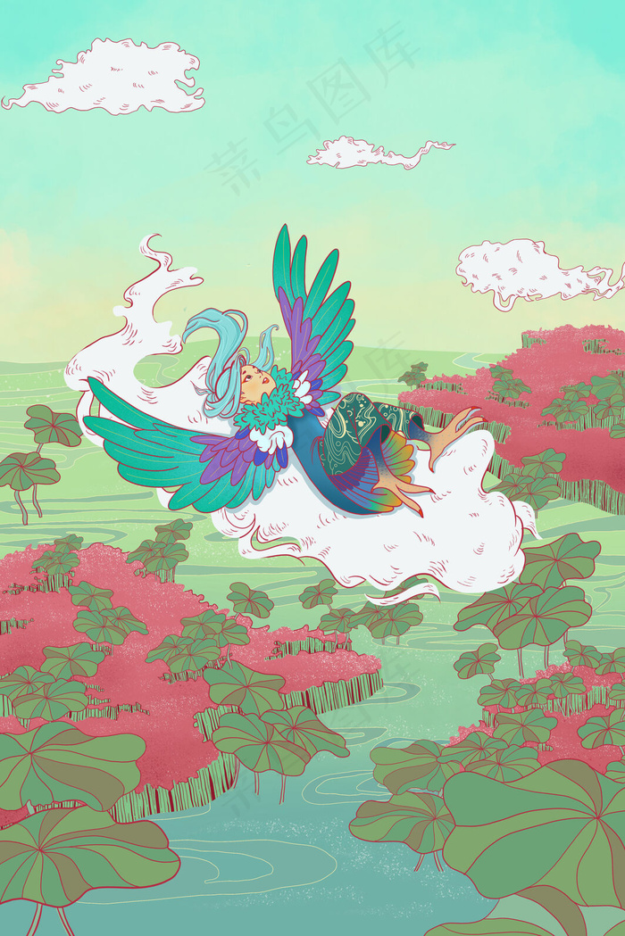 湖中荷叶云朵上的美景