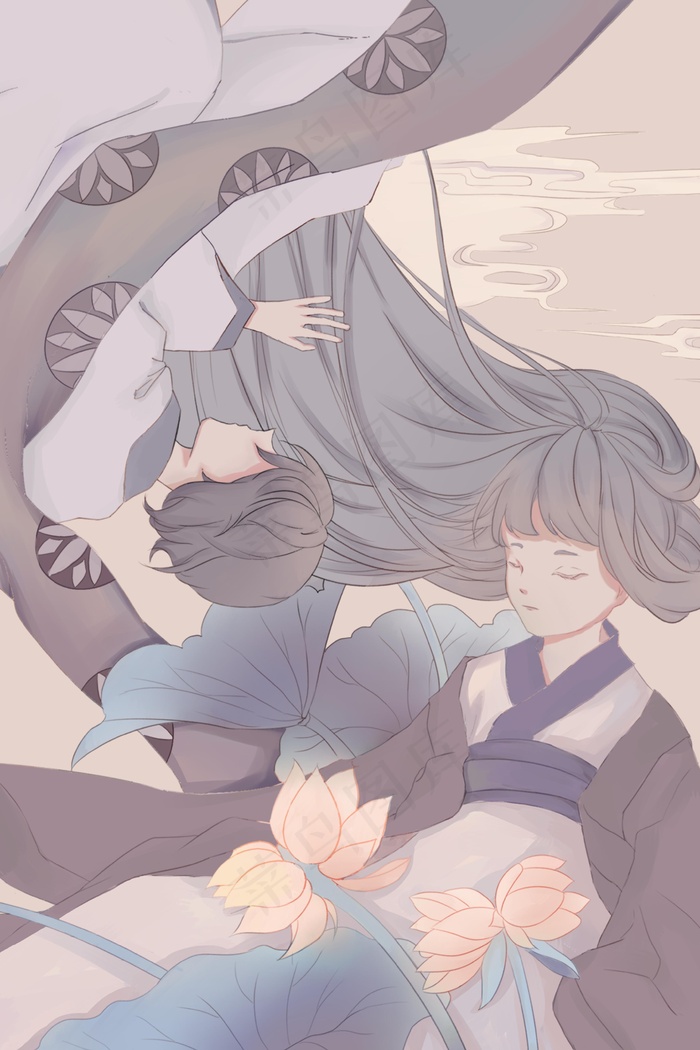 花与少女并蒂莲文艺恬静(3545X5315(DPI:299))psd模版下载