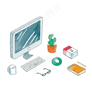 水彩手绘办公桌上的风景矢量图片