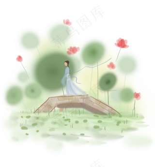 春天古风荷塘桥上的古代少女