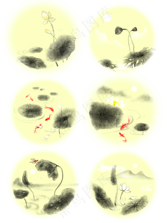 中国风水墨风手绘荷花蜻蜓锦鲤(2048X2738(DPI:72))psd模版下载