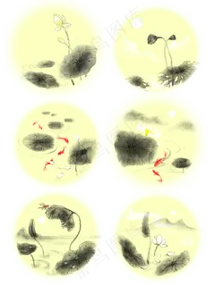 中国风水墨风手绘荷花蜻蜓锦鲤