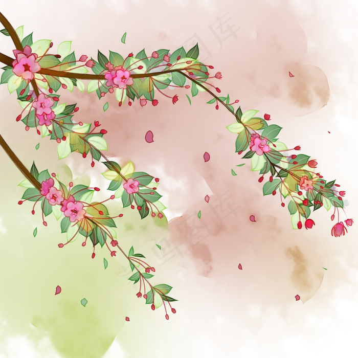 粉红花朵海棠花树枝花卉,免抠元素